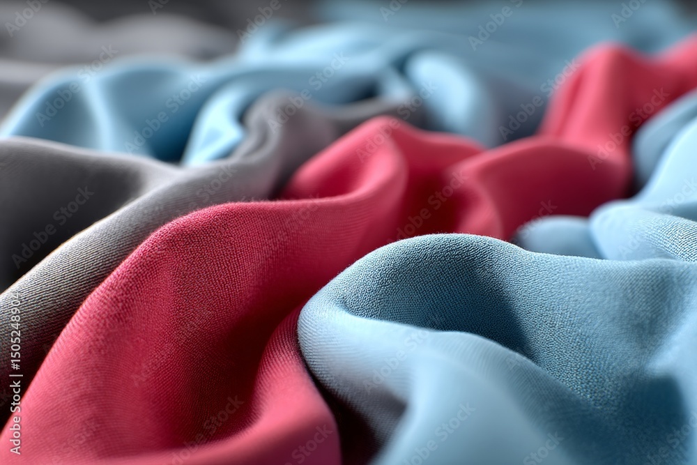 Poster colorful fabric draped in soft folds showcasing textures and hues of blue and red in an artistic arr