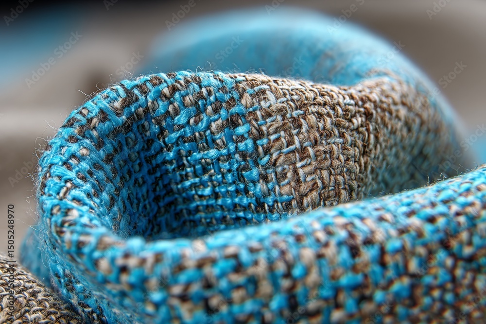 Aufkleber close-up view of textured fabric showcasing intertwining blue and brown threads in a creative design