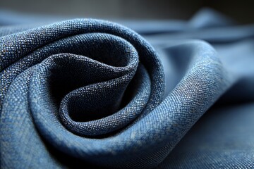 Blue fabric gracefully rolled on a surface showcasing intricate texture and depth under natural light