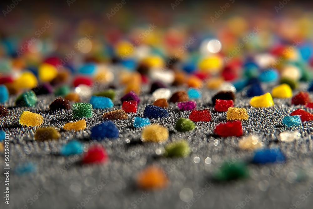 Poster Colorful candy sprinkles create a vibrant display on a surface in a playful setting during daytime