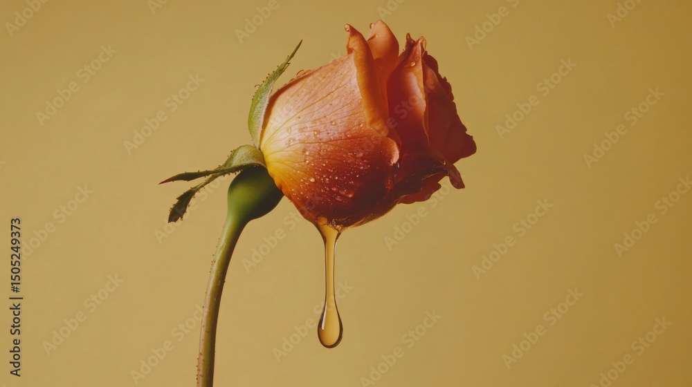 Poster A macro shot of a single drop of water hanging from the tip of a rose petal