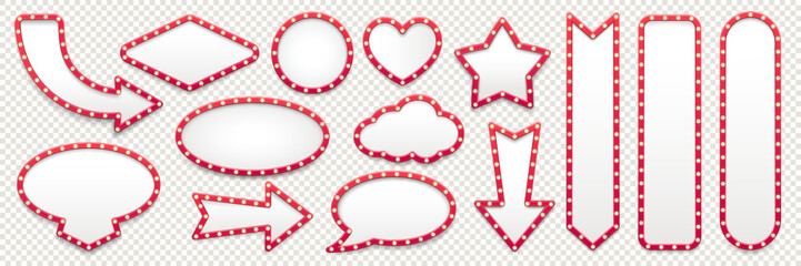 Retro lightbox frames and arrows with chat bubbles, hearts and stars, vector realistic set. Broadway billboard or casino lightbox with light bulbs for direction sign, ad banner or retro cinema theater
