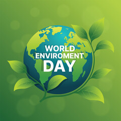 World environment day - Text on circle globe world with leaves plant roll around on green bokeh texture background vector design