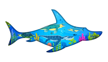 Paper cut underwater dinosaur silhouettes with prehistoric sea landscape, water animals and reptile. Vector 3d paper cut ophthalmosaurus frame with cartoon liopleurodon, archelon, tylosaurus dinosaurs