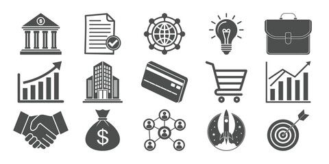 Professional business icon set in minimal flat design for finance, office tools, data analysis, corporate growth, teamwork, and digital strategy

