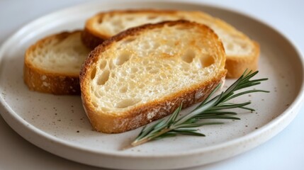 A minimalist shot of perfectly toasted bread slices on a white plate, garnished with a sprig of rosemary, emphasizing simplicity and elegance.
