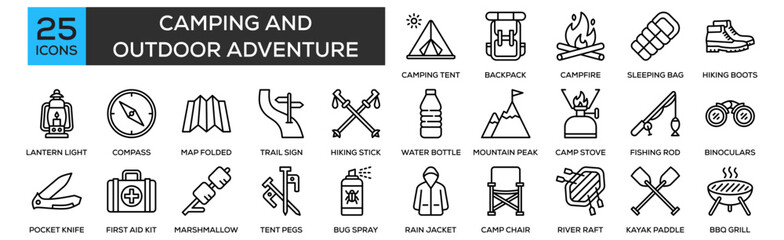 Camping and Outdoor Adventure icon collection set. Containing design Camping Tent, Backpack Gear, Campfire Flames, Sleeping Bag, Hiking Boots