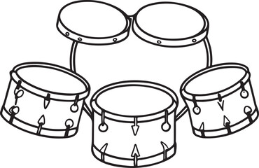 Drum Set: Black and White Outline, Ideal for Music-Related Designs and Creative Projects..