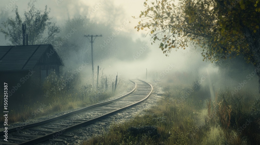 Poster a misty morning scene with train tracks disappearing into the fog, creating a mysterious mood