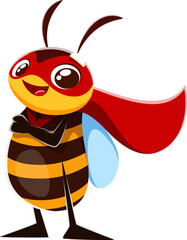 Cartoon honey bee character superhero in red cape and mask, vector insect personage. Funny wasp, honeybee or bumblebee character with happy face and smile, cute small insect creature as super hero