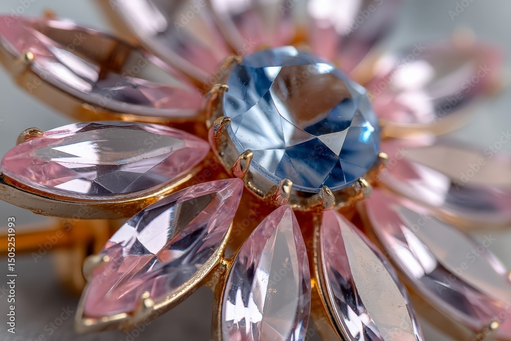 Poster Sparkling flower-shaped brooch featuring blue and pink gemstones with intricate detailing on a soft background