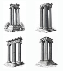 Obraz premium Ancient marble columns, ruins, pencil drawing, black and white on white background, set