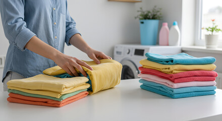 Woman fold clean washed towels, sorting colorful clothes in laundry room, with modern washing machines and natural light creating warm atmosphere for household chores. organization and housework