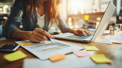Accountant or manager working at computer making notes and performing calculations