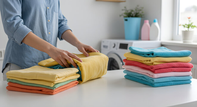 Woman fold clean washed towels, sorting colorful clothes in laundry room, with modern washing machines and natural light creating warm atmosphere for household chores. organization and housework