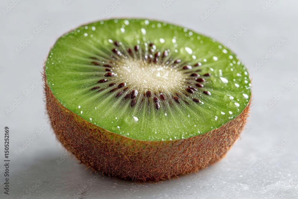 Poster freshly cut kiwi showcasing vibrant green flesh and unique texture on a smooth surface