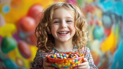Fototapeta premium Smiling Little Girl Holding a Bowl of Colorful Candy with a Bright Background