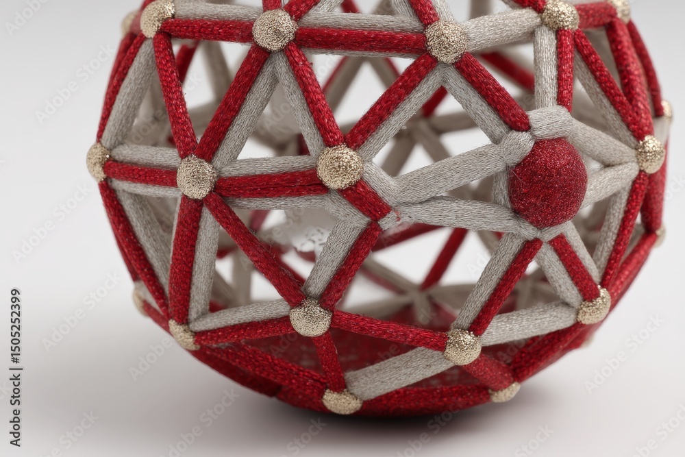 Poster intricate red and silver geometric sculpture displayed against a soft white background
