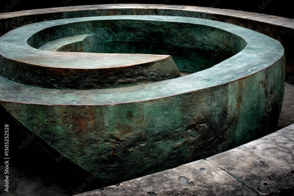 Poster sculpture of a spiraling form in a darkened space showcasing unique texture and design at an urban a