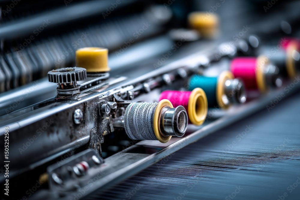 Aufkleber close-up view of a textile machine showcasing vibrant spools of thread in a workshop environment