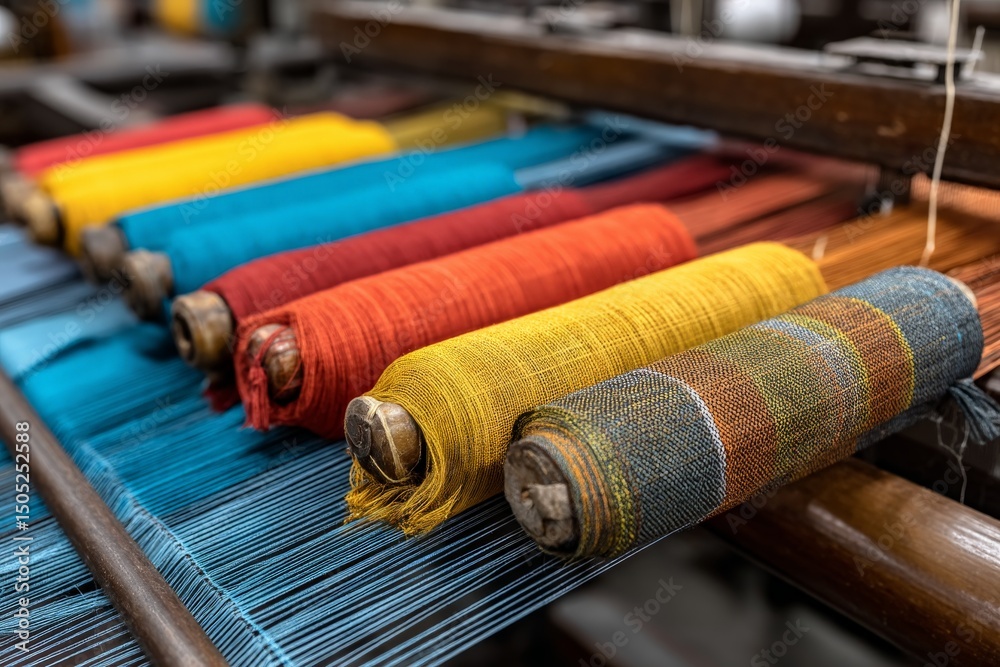 Aufkleber Colorful threads on a weaving loom display vibrant fabrics in a textile workshop during the afternoon