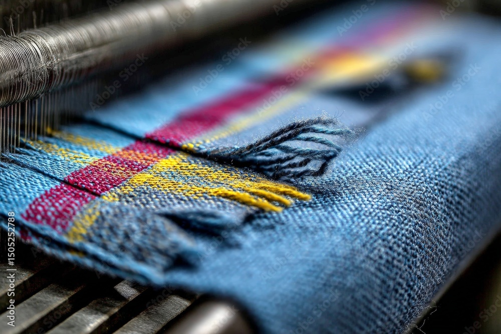 Poster weaving colorful patterns on a textile loom in a workshop during daylight hours