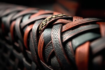 Close-up view of intricately woven leather with contrasting dark and brown tones showcasing craftsmanship and detail in a handmade leatherwork piece