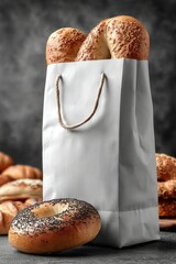 Bagel in bag, on a matte textured surface, strong key lighting, product shot for ecommerce,