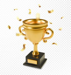 Trophy cup 3d realistic with gold confetti. Champion sport award, shiny golden cup, win first place cup Winner prize, championship goblet
