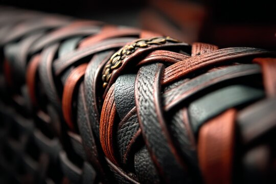 Close-up view of intricately woven leather with contrasting dark and brown tones showcasing craftsmanship and detail in a handmade leatherwork piece - Powered by Adobe