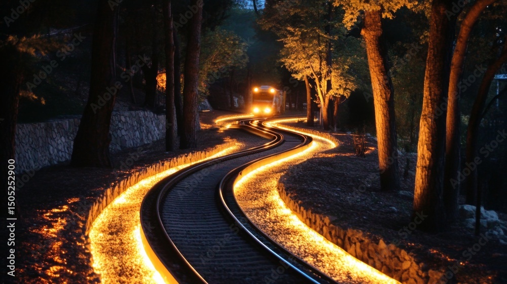 Poster a night scene of illuminated railway tracks with a train approaching in the distance