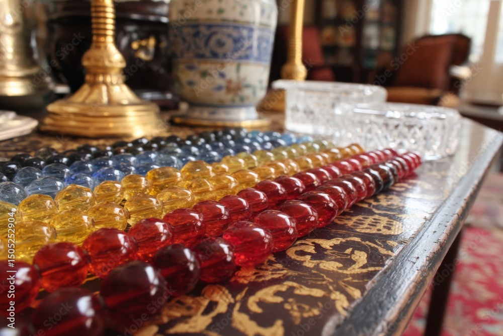 Poster colorful glass beads arranged neatly on an ornate table in a vintage setting during daylight hours