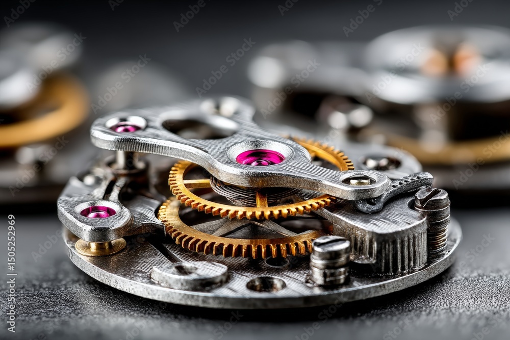 Poster intricate details of a mechanical watch movement showcasing gears and jewels in a close-up view