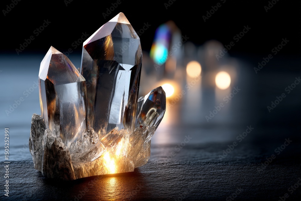 Poster Light reflecting off clear quartz crystals on a dark surface creates a striking visual effect in a serene environment