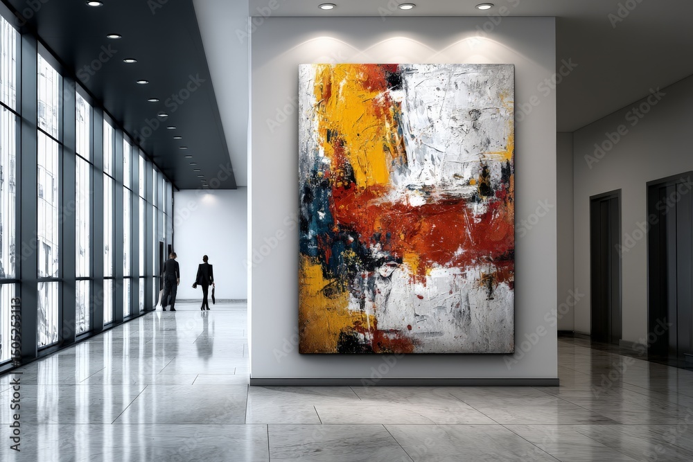 Aufkleber Modern abstract art displayed in an art gallery with visitors exploring the space during daytime