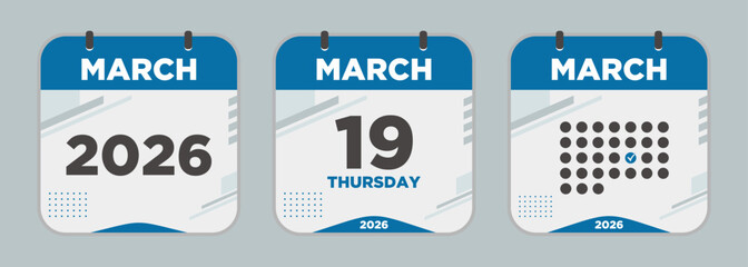 Modern Calendar icon. March. 2026 19 day. The concept of waiting for an important date. Day calendar with date March 19. Cheklist day calendar. Vector illustration.