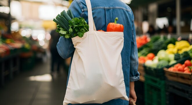 International plastic bag free day concept, woman shopping with eco bag - Powered by Adobe