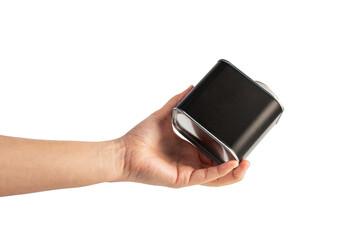 Black can for packaging in hand on transparent background.