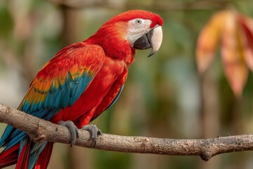 Obraz premium Vibrant macaw perched on a branch surrounded by lush foliage in a tropical environment