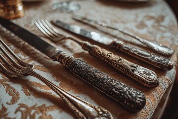Elegant vintage cutlery displayed on an ornate tablecloth with intricate patterns during a formal dining setup