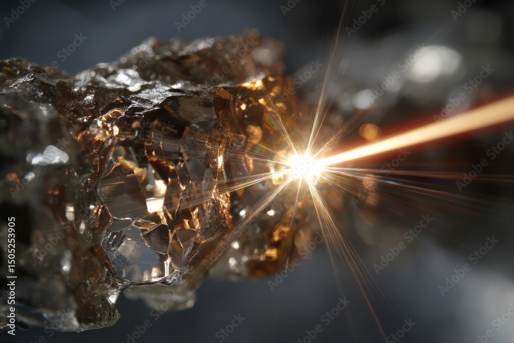 Poster Close-up view of a laser beam striking transparent crystalline material during experimentation in a lab setting