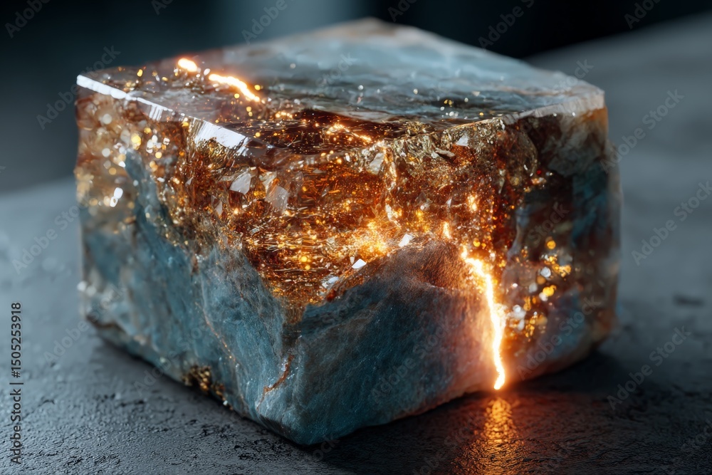 Poster beautiful translucent crystal with golden veins glistening under soft light in a dark setting