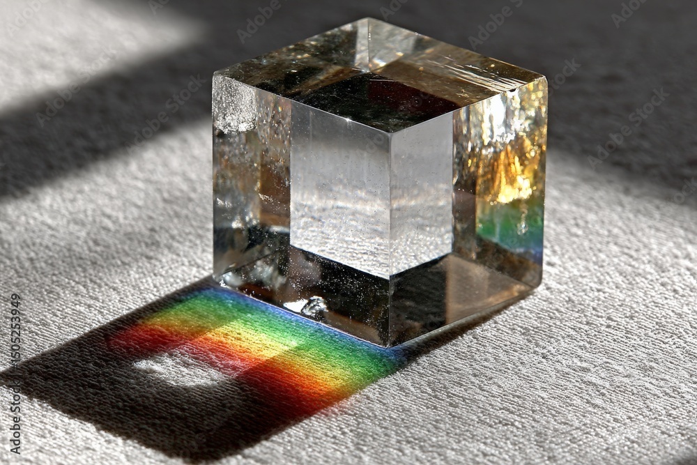 Poster Light refracts through crystal cube creating colorful spectrum on surface