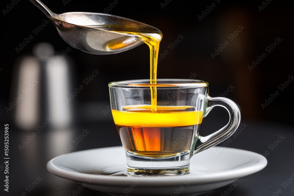 Poster dark honey being drizzled into a clear cup on a black table with silver utensils in the background d