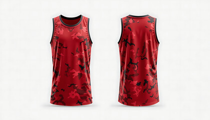 Realistic mockup sleeveless basketball jersey color red with modern camouflage patterns, front and back view on white background.