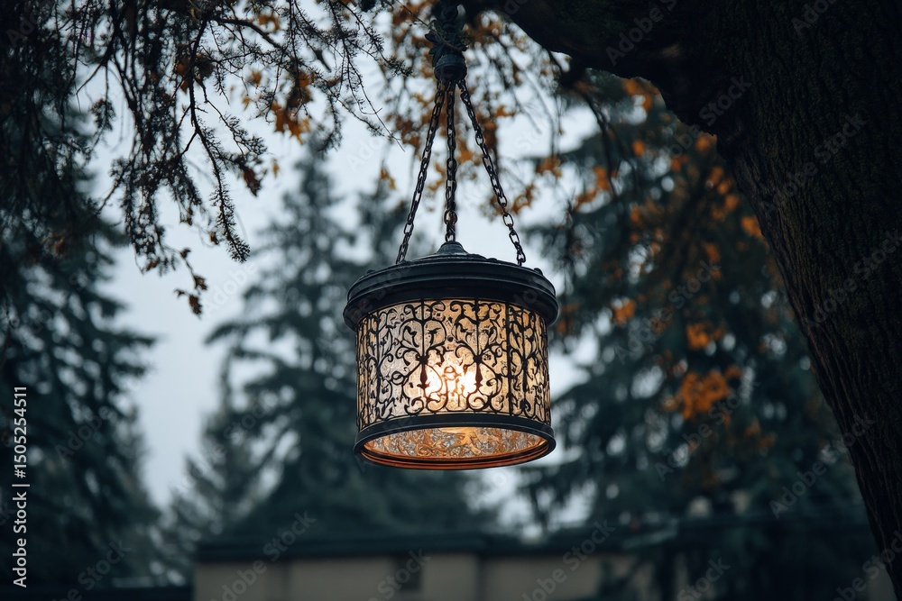 Aufkleber decorative lantern hanging from tree branches during a foggy evening in an outdoor park setting
