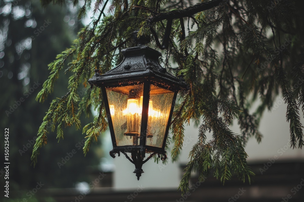 Poster lantern hanging from a tree branch illuminates a rainy day in a quiet forest setting