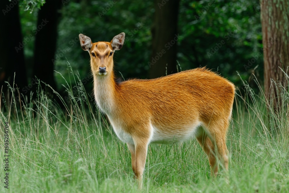 Poster Elegant deer standing in lush grass under a canopy of trees during daytime in a serene forest environment