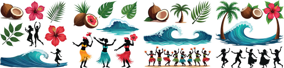 Set of coconuts, palm leaves, ocean waves, and dancers silhouettes – Fiji Hibiscus Festival July event vector collection isolated on white background.