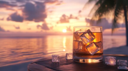 A refreshing glass of beer with large ice cubes, sitting on a beachside table at sunset